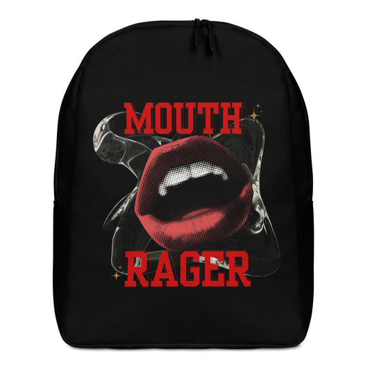 Black backpack with bold red lips and Mouth Rager text – Gen Z aesthetic bag by HouseOfDronx