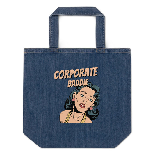 Canvas tote bag with Corporate Baddie text – boss girl fashion accessory by HouseOfDronx