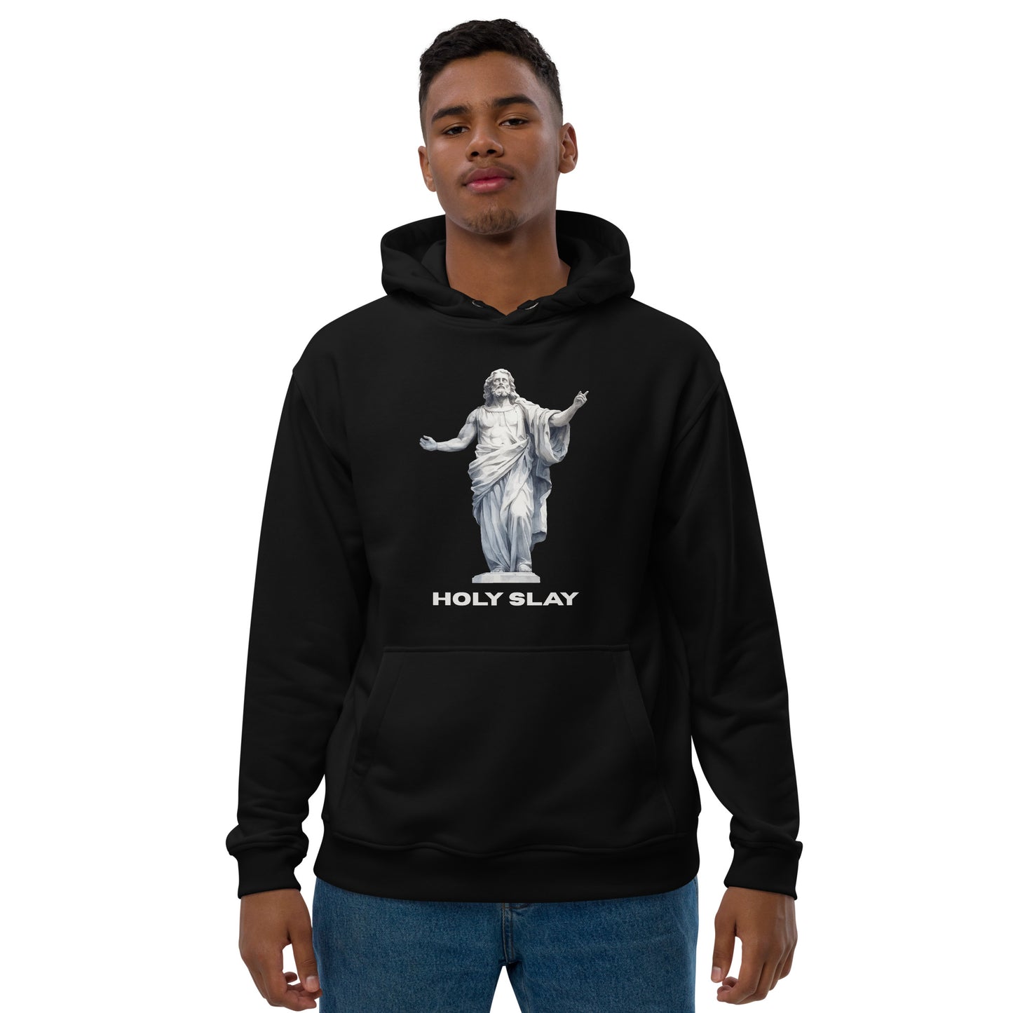 Oversized hoodie Holy Slay meme text – Gen Z streetwear by HouseOfDronx