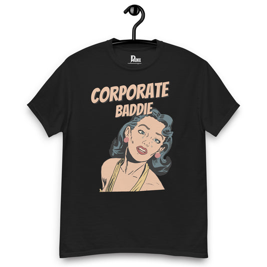 “Corporate Baddie graphic t-shirt in black, front print”, “Unisex boss babe tee, maroon”, “Corporate Baddie typography close-up”
