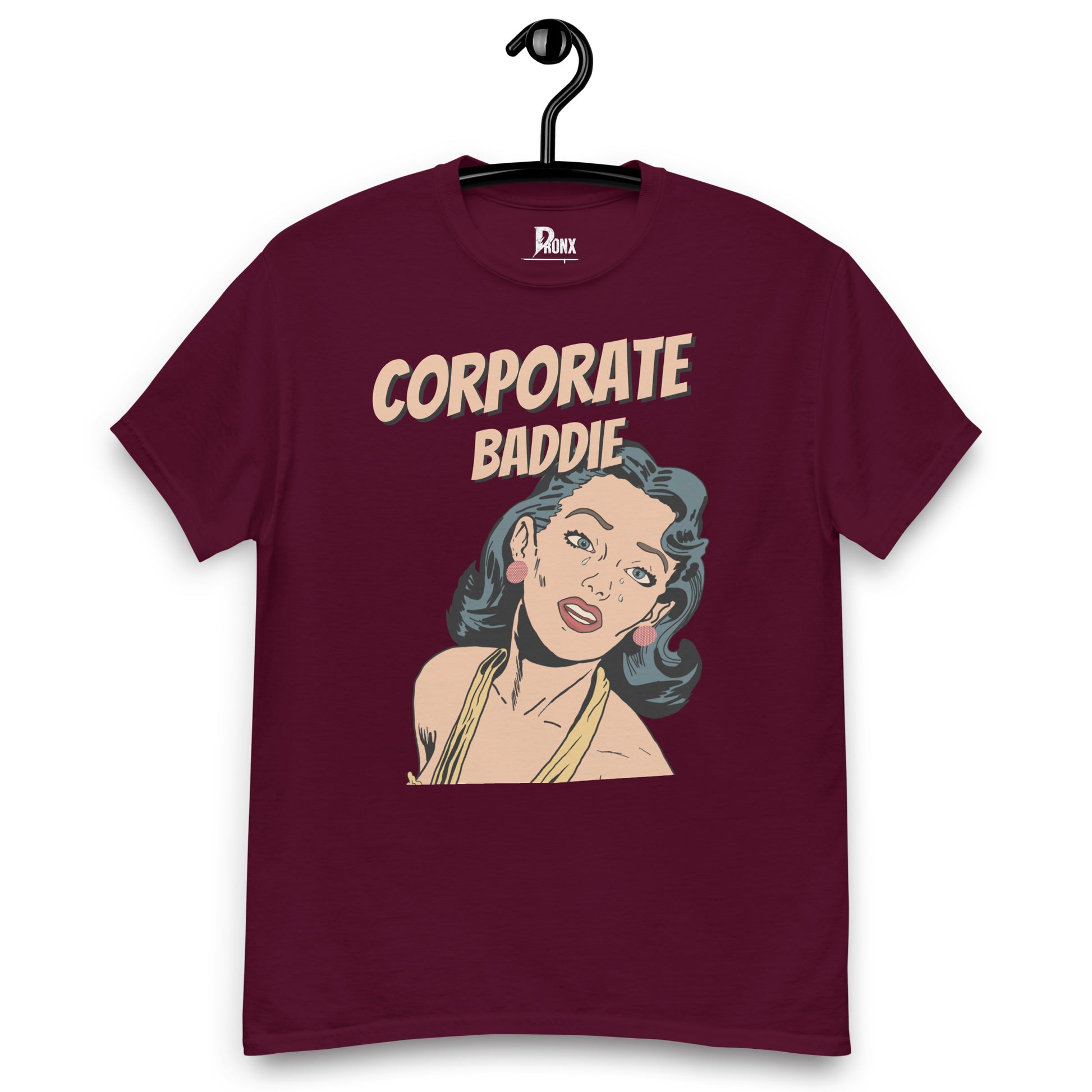 “Corporate Baddie graphic t-shirt in black, front print”, “Unisex boss babe tee, maroon”, “Corporate Baddie typography close-up”