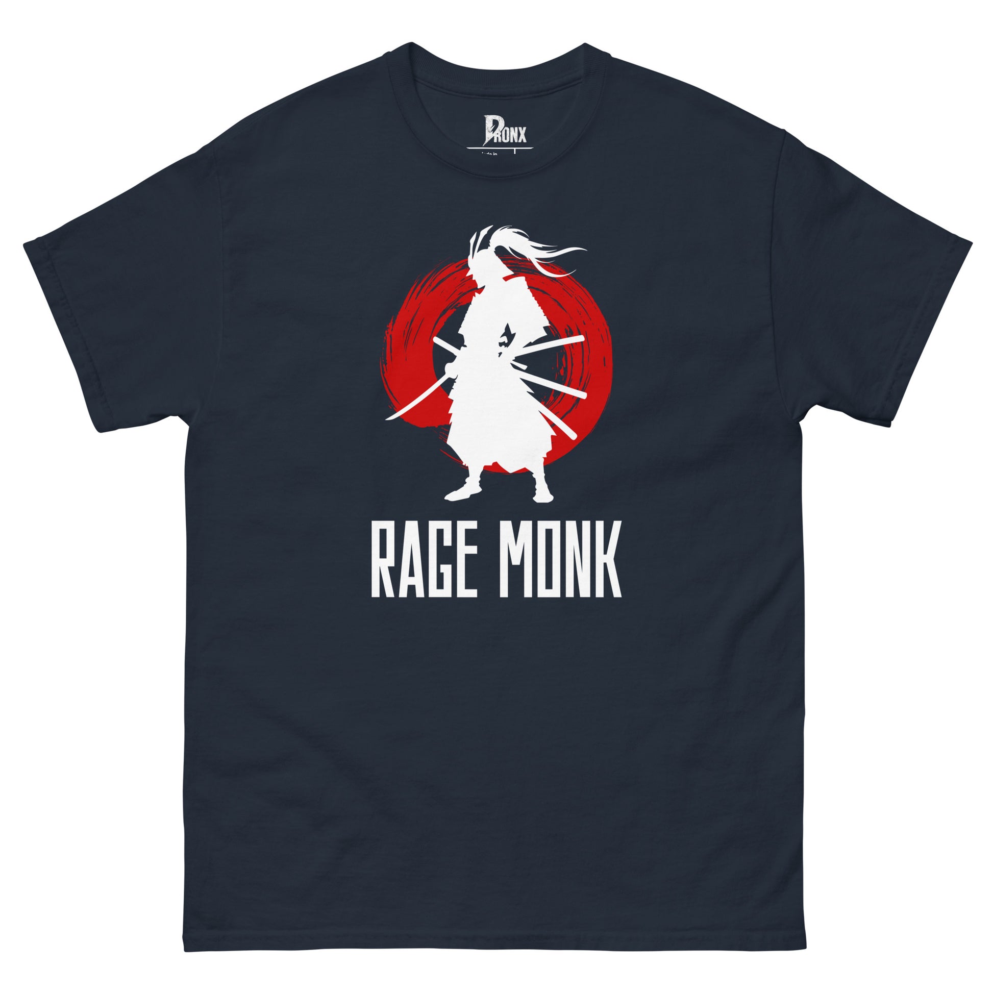 Black t-shirt with meditating monk and glitch rage print – Zen chaos graphic tee by HouseOfDronx