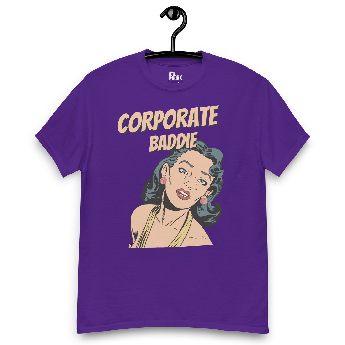 “Corporate Baddie graphic t-shirt in black, front print”, “Unisex boss babe tee, maroon”, “Corporate Baddie typography close-up”