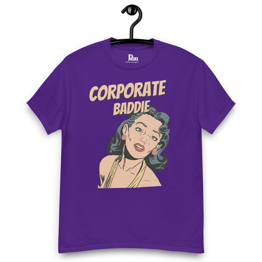 “Corporate Baddie graphic t-shirt in black, front print”, “Unisex boss babe tee, maroon”, “Corporate Baddie typography close-up”