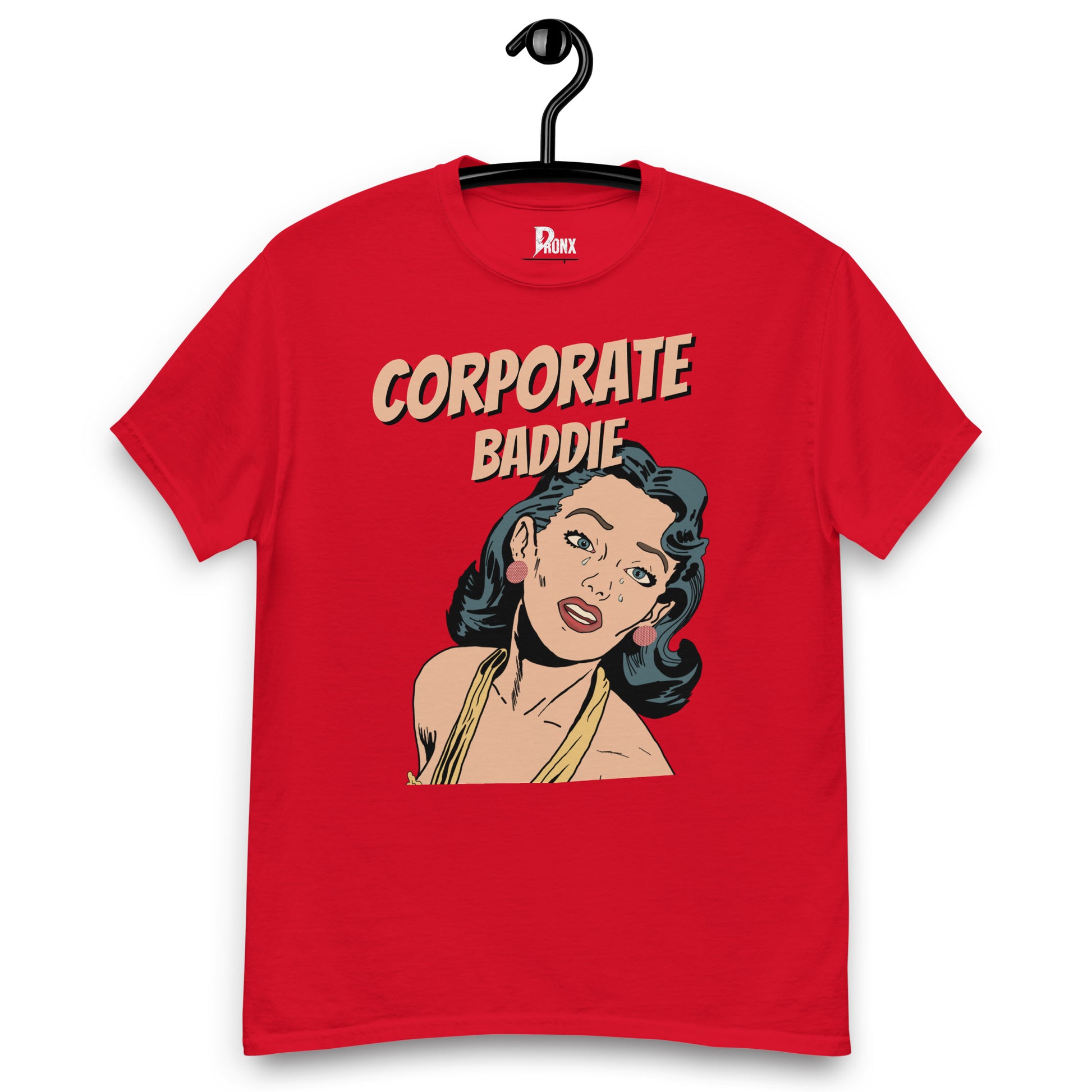 “Corporate Baddie graphic t-shirt in black, front print”, “Unisex boss babe tee, maroon”, “Corporate Baddie typography close-up”