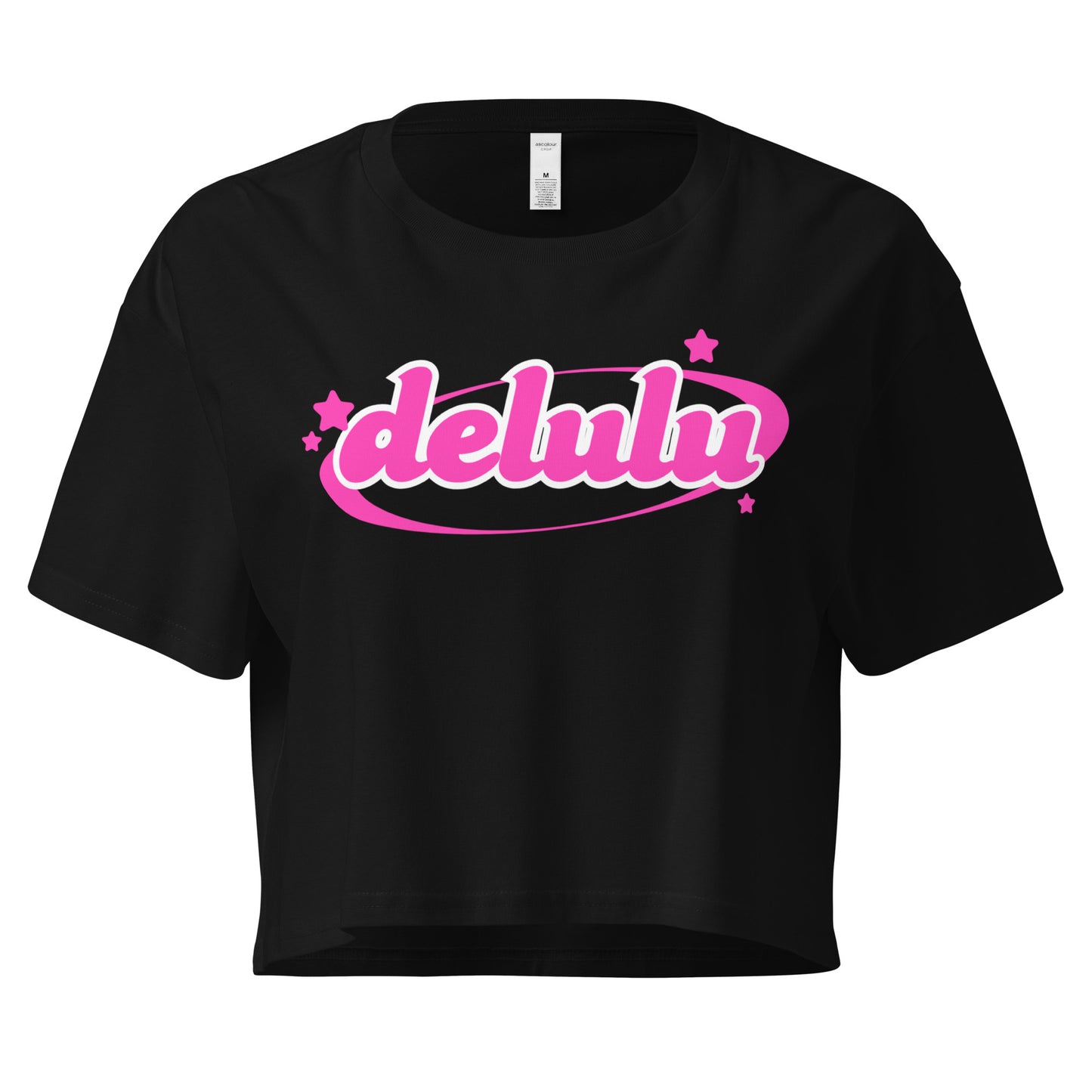 Delulu crop top for Gen Z girls in hot pink – trendy white graphic tee from HouseOfDronx