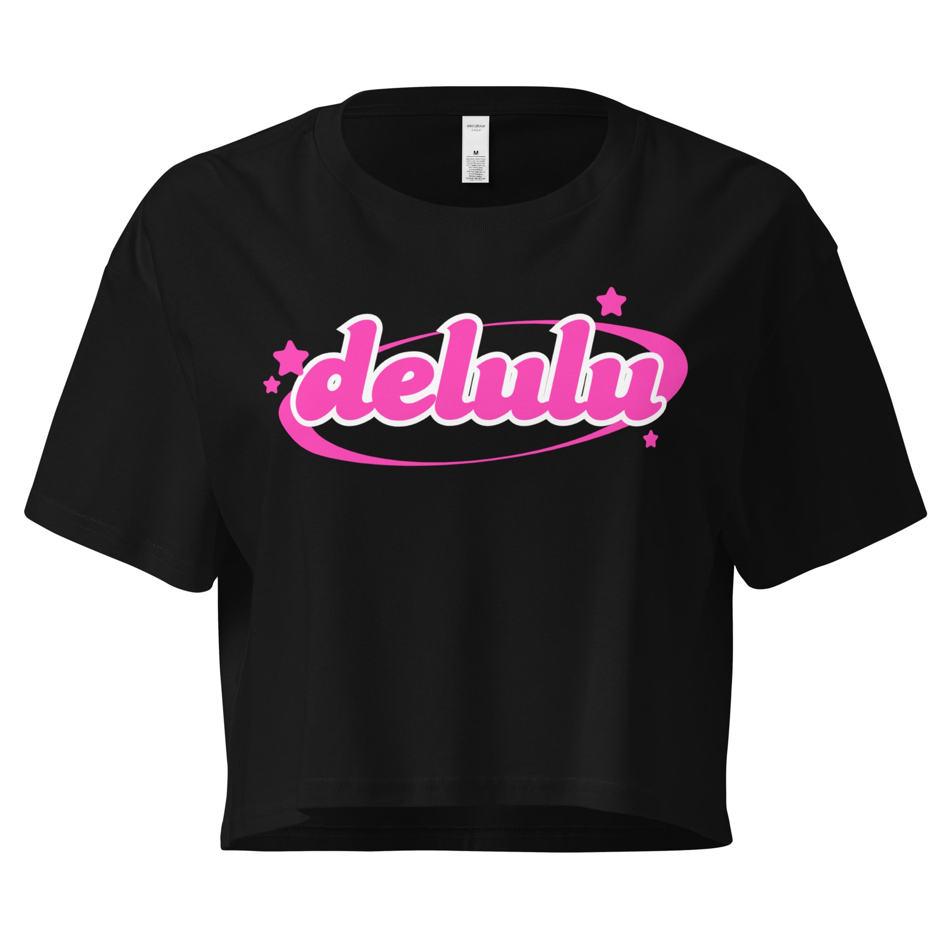 Delulu crop top for Gen Z girls in hot pink – trendy white graphic tee from HouseOfDronx