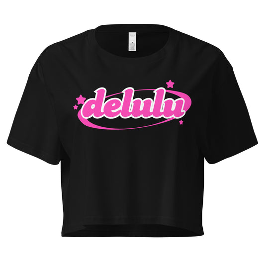 Delulu crop top for Gen Z girls in hot pink – trendy white graphic tee from HouseOfDronx